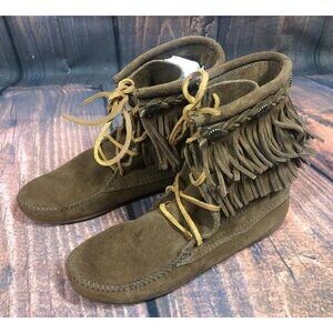 Minnetonka Tramper #623 Double Fringe Brown Suede Boots Womens 5 (v5d)
